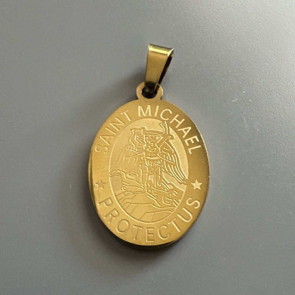 Saint Michael “Protect Us” Pendant Gold Tone Stainless Steel 24” Chain Necklace